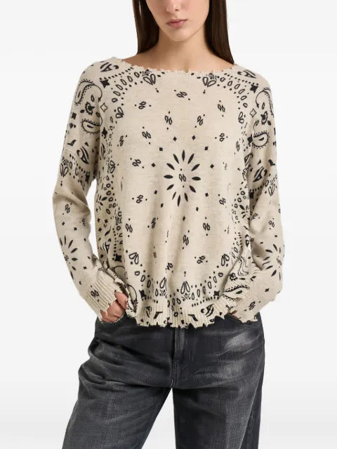 kujten bandana-print distressed-finish sweater