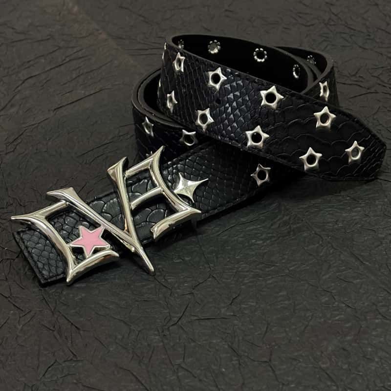 Y2K Punk LOVE Buckle Snake Texture Star Eyelet Leather Waist Belt