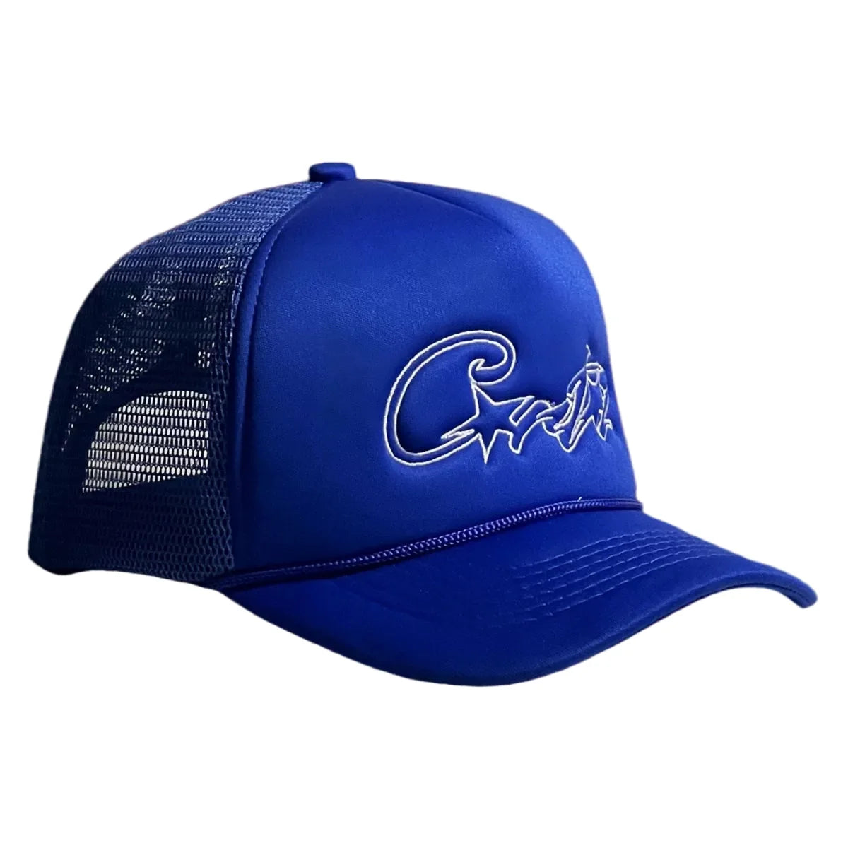 Corteiz Vintage Royal Blue Trucker Hat with White Signature Script and Star Graphic