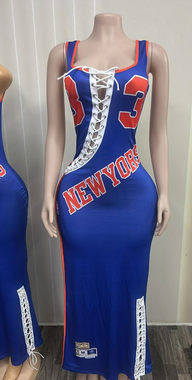 Shay Kawaii New York Knicks Ewing Print Tank Slit Maxi Bodycon Dress