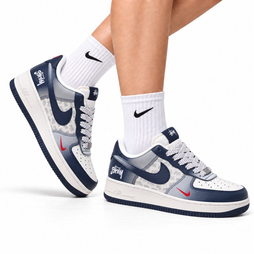 Nike Air Force 1 Low White Navy Blue Unisex Sneakers Style 10