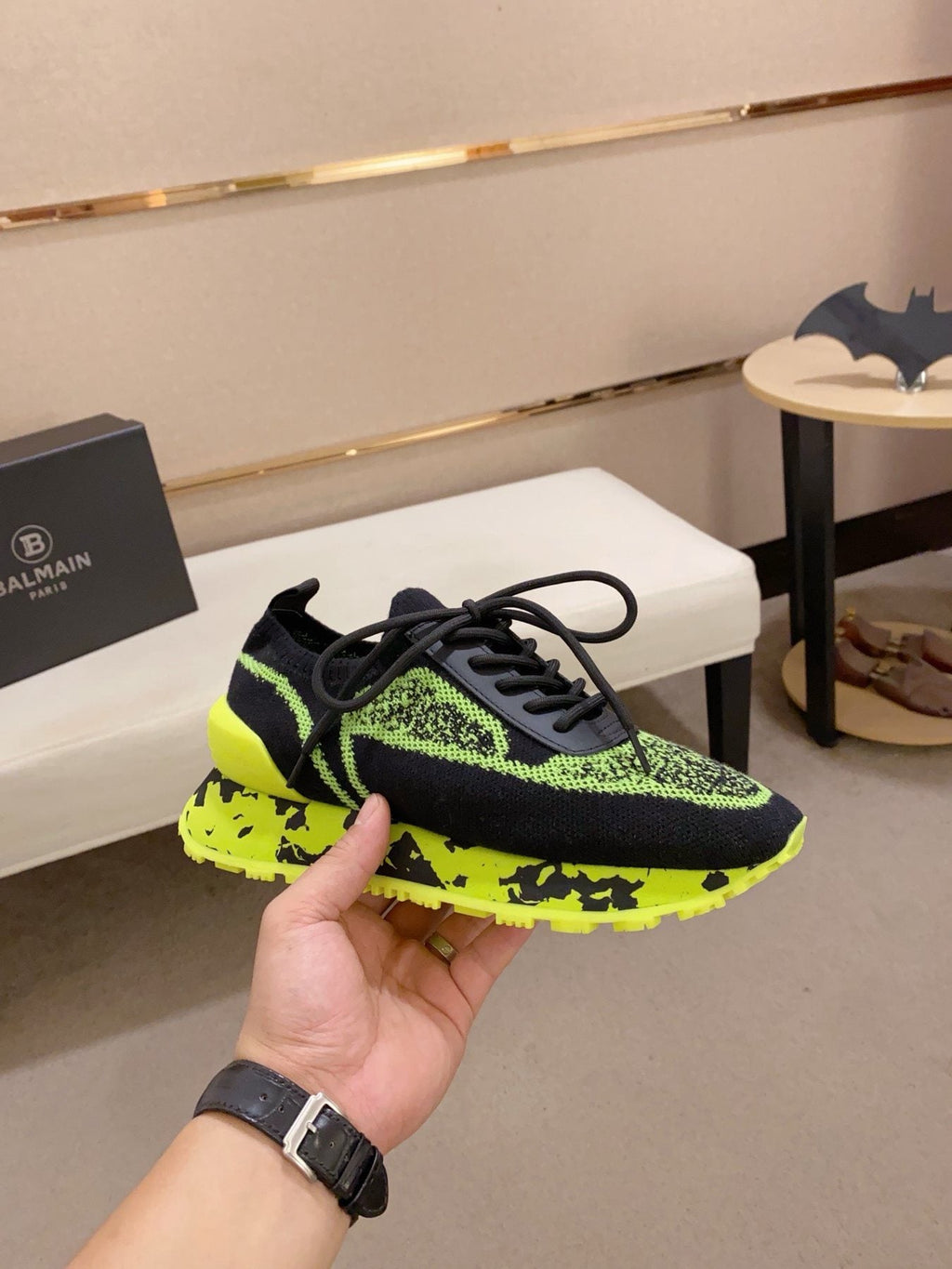 Balmain Neon Lime Knit Low-Top Sneakers - Black and Neon Lime Green