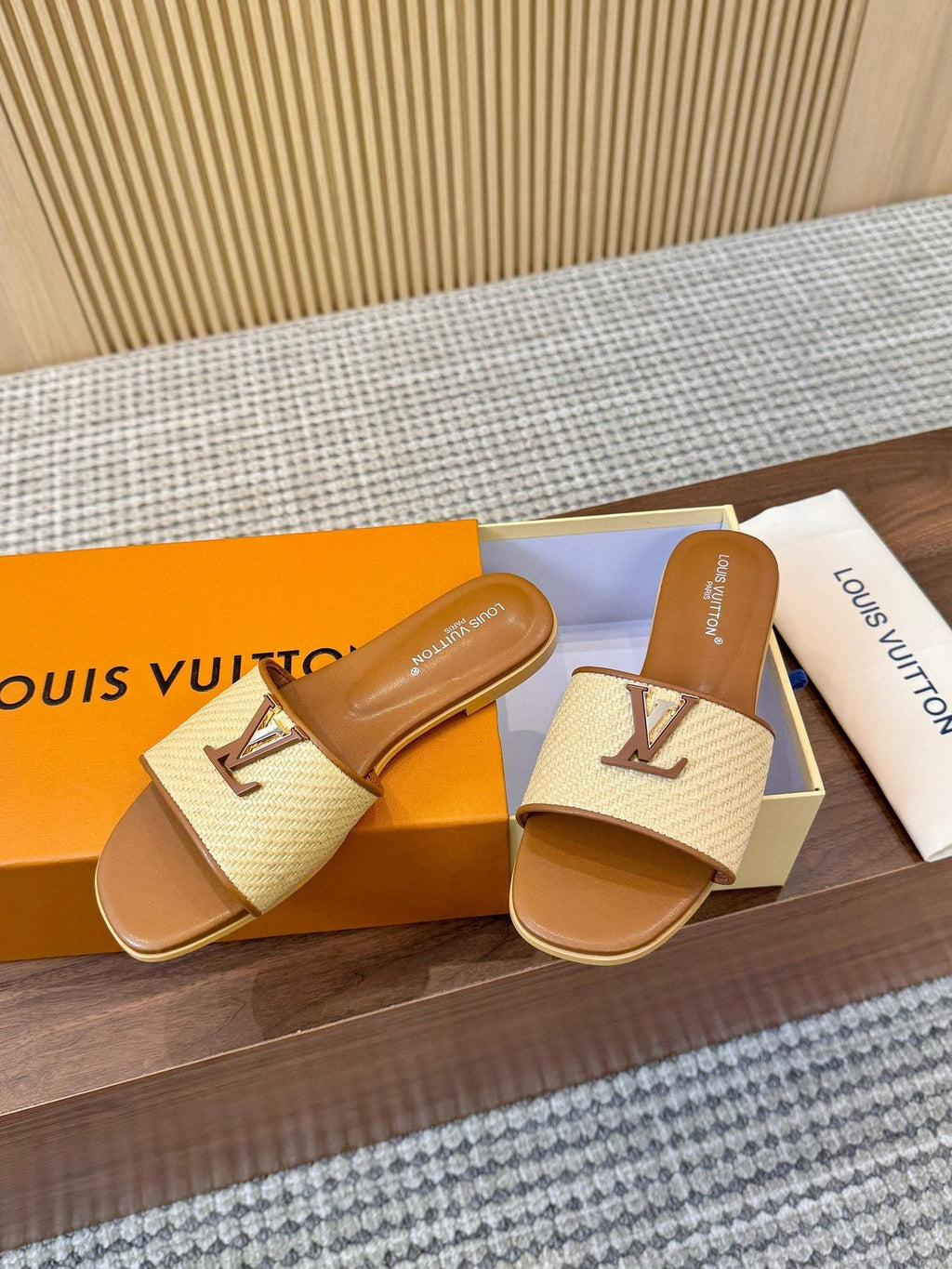 Louis Vuitton Textured Logo Slide Sandals