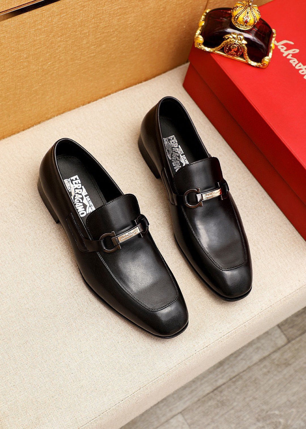 Ferragamo Black Buckle Loafers - Leather Upper, Metal Buckle Detail